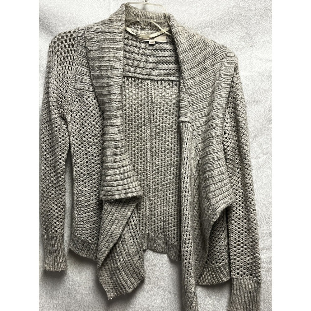LOFT women's Grey Open knit Cardigan Sweater Alpaca Wool Blend Crochet Size Sm